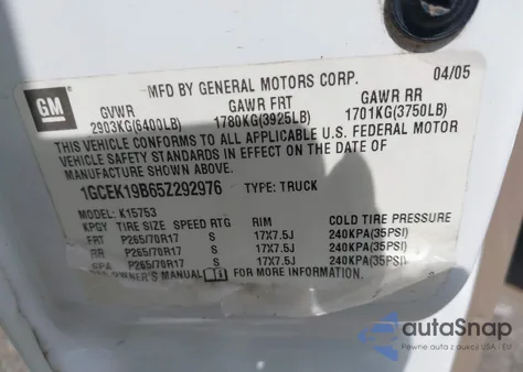 2005 Chevrolet Silverado 1500 Z71 from USA, damaged, VIN 1GCEK19B65Z292976